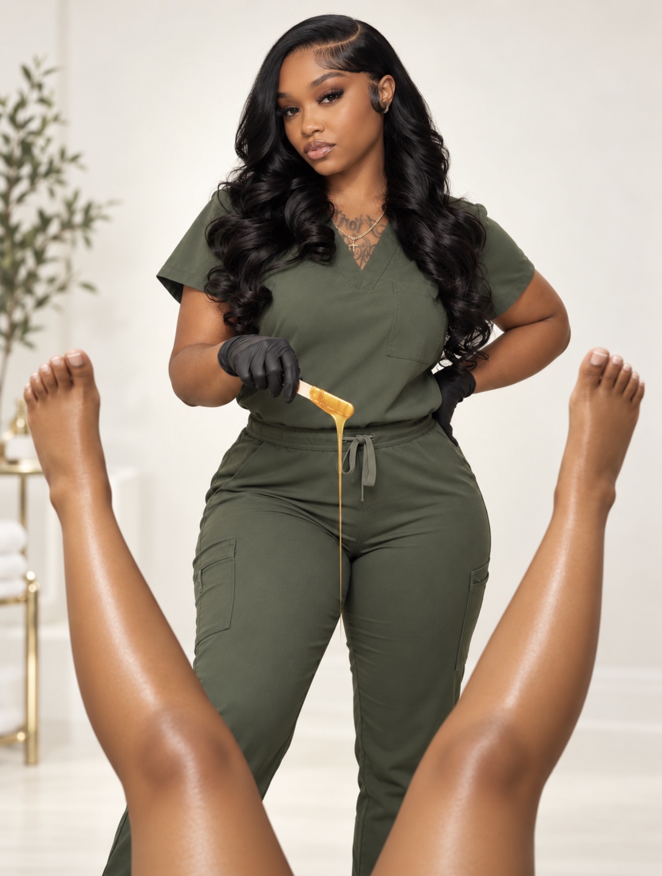 K.Ni.Co. in green scrubs holding a waxing spatula, framed by a client’s legs